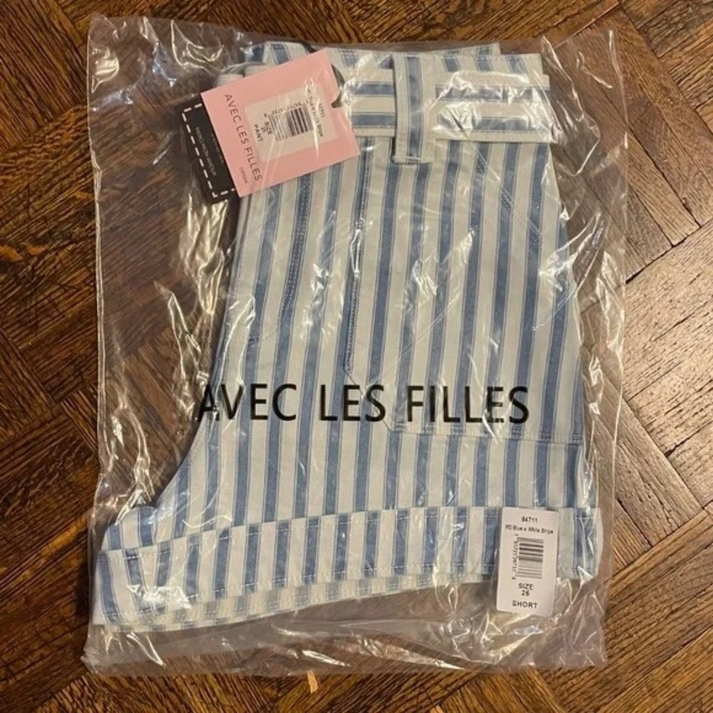 New Avec Les Filles Striped Cotton Twill Shorts Blue White 25 $89 - Picture 7 of 8